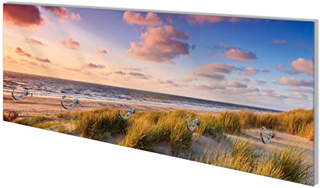 Wallario Wandgarderobe aus Glas in Größe 80 x 30 cm mit Memoboard-Funktion, Motiv: Abendspaziergang am Strand - Sonnenuntergang über dem Meer | 5 Kleiderhaken zum Aufhängen von Jacken