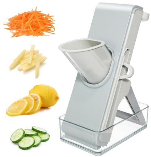 HNCY Gemüseschneider, Multifunktions Gemüsehobel mit Behälter, Handsichere Mandoline zum Schneiden, Faltbare Mandoline für Julienne, Streifen, Robuster Zwiebelschneider Vegetable Chopper