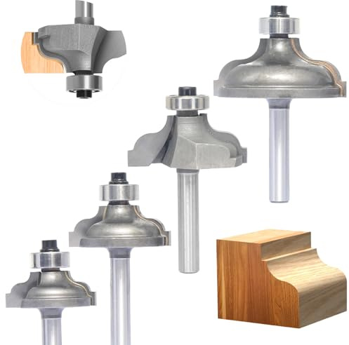 Akylin 4Pcs Table Edge Ogee Bits Set,1/4 Shank,Ogee Fillet Bits with Step,Cutting Depth 5/16, 7/16,1/2,1/2,Double Roman Ogee Edging Cutter for Wood Table,Drawer Fronts Profiling,Routing,Molding