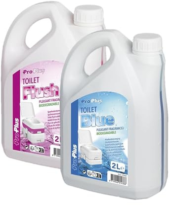MULTIBROS Campingtoiletten Sanitärzusatz Toilettenflüssigkeit Fäkalientankzusatz Chemietoilette Set 2 x 2 Liter (1x Toilet Blue / 1x Toilet Flush)