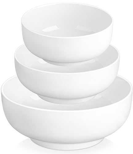 MALACASA Juego de 3 cuencos grandes para ensalada, color blanco, 800/1800/3400ML, cuencos de porcelana para mezclar ensalada, cereales, sopa, pasta y verduras, frutas, lavavajillas y microondas,