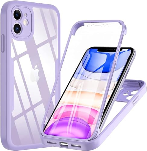 XYZNTMF for iPhone 12 Case with Built-in Screen Protector Shockproof Silicone Bumper Hard Clear Shell Full Body Protective Cover Rugged Transparent Back Case for iPhone 12, Purple