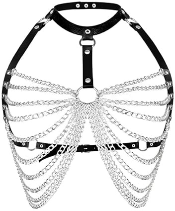 WUUDOA Body Chain, Gothic Brustkette für Sex Damen, Harness Damen Leder, Chain Bra, Rave Outfit, Halsband Frauen Sex, Festival Reizwäsche, Punk Waist Chain, Fächer Festival Rave