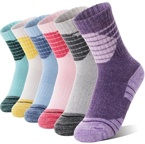 ANTSANG Kids Merino Wool Walking Hiking Socks Boys Girls Toddlers Thermal Warm Winter Thick Cushion Snow Ski Crew Socks Stockings(Colour Mix,4-7 Years)