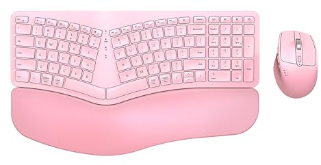 Clavier souris ergonomique sans fil, EDJO Bluetooth/2,4 G, double canal, design divisé, repose-poignet en mousse souple, 4 niveaux de DPI réglables, rechargeable, pour Windows/Mac/Android (rose)