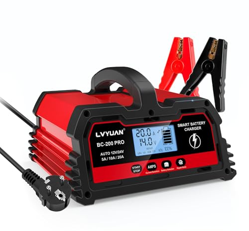 Autobatterie Ladegerät 20A 12V/24V Batterieladegerät Auto Intelligentes Erhaltungsladegerät mit LCD-Bildschirm, Ladegeräte für Autobatterien und Motorradbatterie