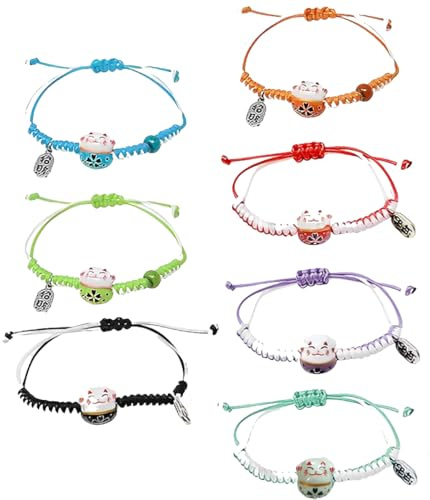 7 Pièces Bracelet Chat Porte Bonheur Mignon Chat Bracelet en Perles en Céramique Bracelet Porte Bonheur avec Cloche Réglable Bracelet Chat porte Bonheur en Céramique avec Cloche Réglable