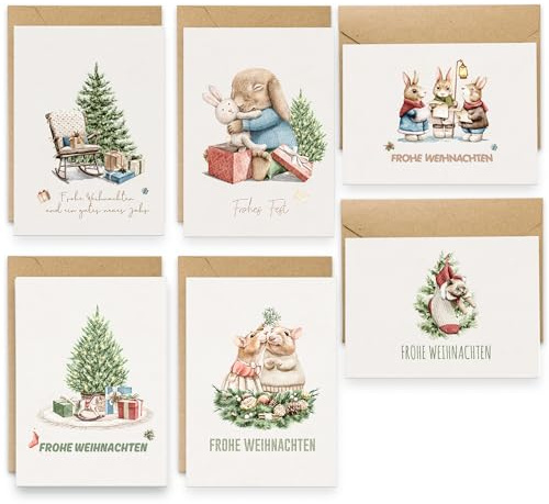 Weihnachtskarten - 24 Premium Weihnachtskarten mit Umschlag Set - A6 Postkarten mit Tierisch Schön - Kleine Weihnachtskarten für Kinder Freunde Merry Christmas Cards Grußkarten Weihnachten Geschenke