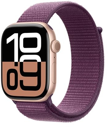 Apple Watch Series 10 (GPS + Cellular 46 mm) Smartwatch mit Aluminiumgehäuse in Roségold und Sport Loop in Pflaume (One Size). Fitnesstracker, EKG App, Always-On Retina Display, CO₂ neutral