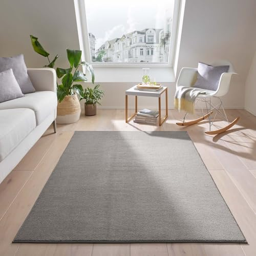 Taracarpet Teppich Kurzflor waschbar sehr weich für Wohnzimmer Esszimmer und Kinderzimmer Flachflor Uni Einfarbig grau 160x220 cm