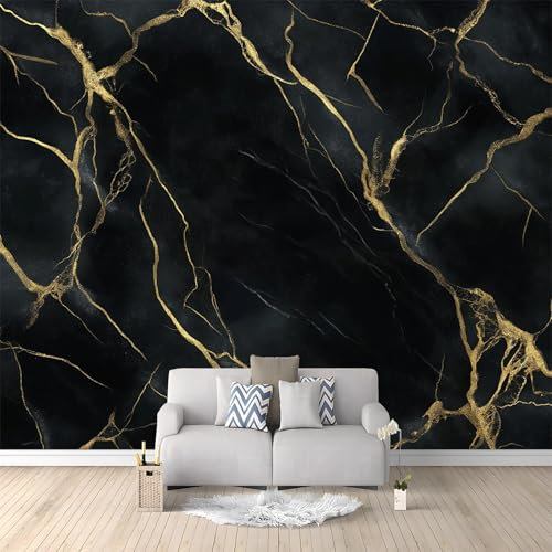Générique Papier Peint intissé Texture De Marbre Or Noir 200x140 cm Papier Peint Photo Panoramique, Poster Geant Mural Personnalisé 3D, pour Salon Cuisines Chambre Adulte Enfant Décor Murale