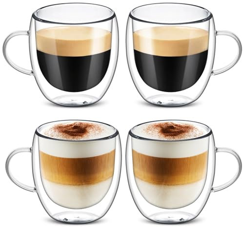 4 tazze da 250 ml a doppia parete con manico, bicchieri da latte macchiato, tazze da cappuccino, resistenti al calore e al freddo, bicchieri in vetro borosilicato per latte, tè, ghiaccio, latte, birra