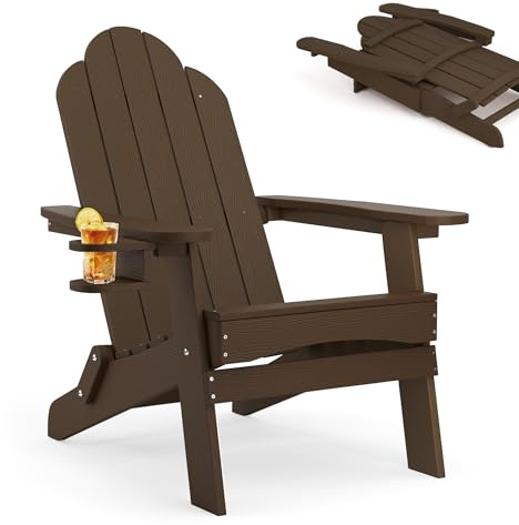 LUE BONA Adirondack Stuhl Klappbar aus Wetterfestem HDPS - 17.1 kg Schwerer Gartenstuhl mit Holzmaserung für Garten, Kaffeebraun