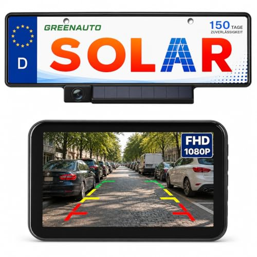 GREENAUTO Solar Kabellos Digital Rückfahrkamera Set, 5“ 1080P Monitor Unterstützt 2 Rückfahrkameras,6000mAh Akku 3 Mins DIY Installation IP69K Wasserdicht,Parkhilfe für Auto, LKW, Van, SUV, Wohnmobil