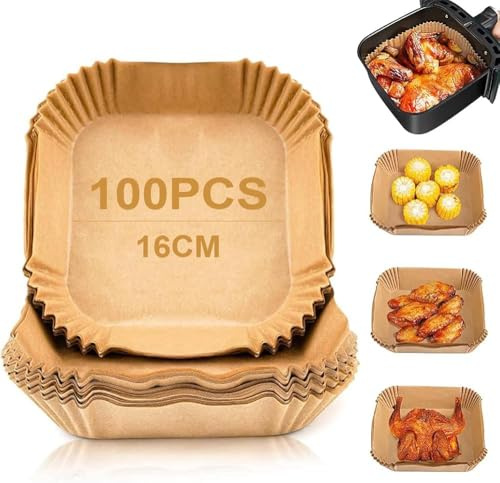 SMART-J Carta Forno Quadrata per Friggitrice ad Aria 16x16x4,5 cm – 100 Pezzi, Usa e Getta, Antiaderente, Resistente all'Olio e all'Acqua, Ideale per Air Fryer, Forno e Cottura (16 x 16 x 4,5 cm)