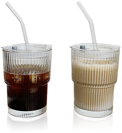 RISAKOGO Trinkbecher mit Deckel und Strohhalm, 2 Stück 400ml Becher mit Deckel und Strohhalm, Luftdicht Wasserdicht Trinkbecher, Kaffeegläser Glas Smoothie Becher für Milch, Saft, Latte, Tee, EIS