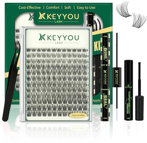 KEYYOU DIY Lash Cluster Kit, D Curl 8-16mm Lashes with Bond and Tweezers | Soft light fiber cluster lashes with glue tweezer easy DIY home lashes reusable salon-free fluffy daily party eye makeup KY02
