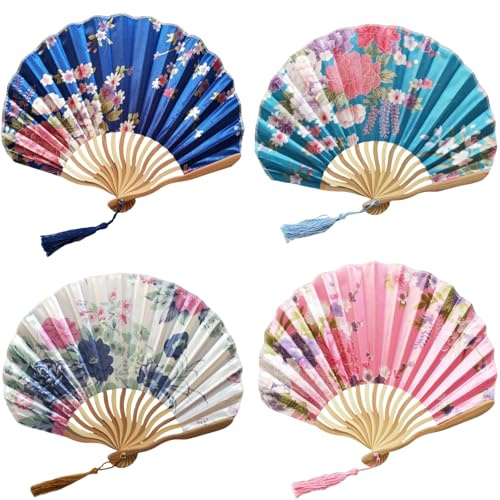 MEOAlBkey 4-Pack Elegant Hand Folding Fans,Vintage Silk Chinese Style Fans with Tassels for Women Weddings & Home Decor