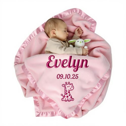 Stepdiy Coperta Neonato Femminile Personalizzata con Nome - Copertina Bambina con Ricamo di Animali e Dati di Nascita - Idea Regalo Unica per Baby Shower e Primo Compleanno (Rosa)