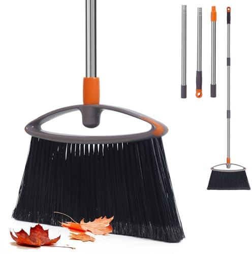 Soft Bristle Broom, Heavy Duty Broom with Collapsible Handle, Ideal for Indoor Outdoor Hardwood Floors Kitchen Salon Camping Cat Pets Hair Home Room Office, Sturdy and Durable, Gray