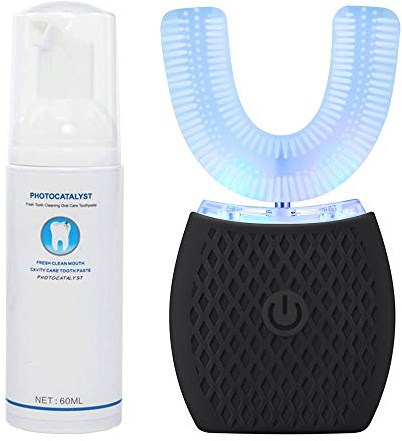 Maybuy Ultrasonic Automatic Toothbrush, Ultrasonic U-Shaped Toothbrushes for Adult, 360° Electric Sonic Tooth Brush with Automatic Timer, Wireless Charging Teethbrush Kit for Travel Or Home (Black)
