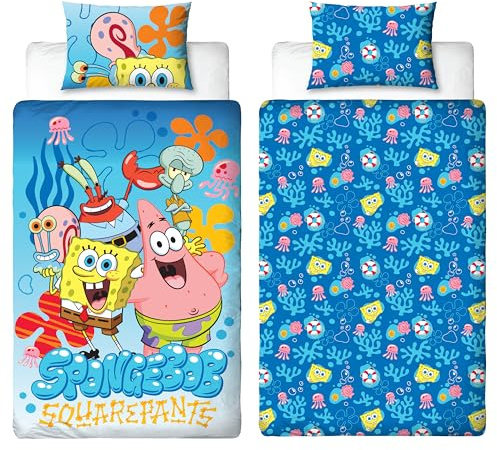 Spongebob Copripiumino Singolo Ufficiale | Biancheria da letto reversibile a 2 lati con federa coordinata | Design quadrato con Spongebob, Patrick, Squidward, Mr Krabs