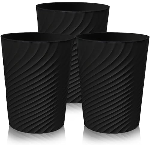 Exquilnova 3 Pack Waste Paper Bin,8L Plastic Rubbish Bin,Small Trash Bin with Stripe Design,Uncovered Trash Can,Waste Paper Basket for Kitchen,Bathroom,Bedroom,Office,Toilet(Black)