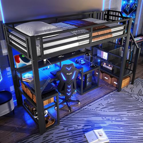 Lubvtti Cama alta de hierro 90 x 200 con luz LED, escritorio, puerto USB, compartimento de almacenamiento, escalera con espacio de almacenamiento, litera para niños, estructura de cama para niños
