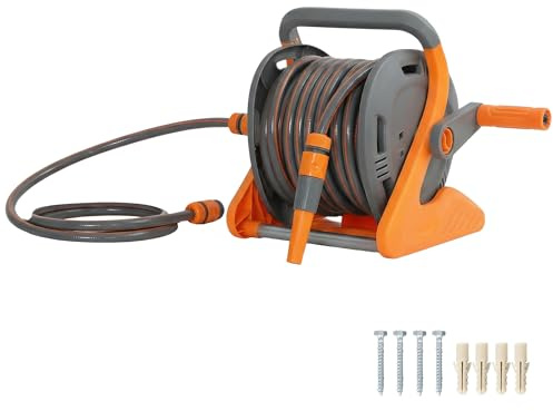 Outsunny Portable Garden Hose Reel, 20+2 m Wall Mounted Hose Reel with 2 Patterns Spray Nozzle, Compact with Crank Handle for Lawn Garage Car Cleaning Watering, Orange