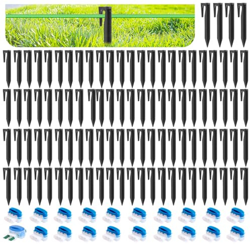 100 Pièces Piquet Fil Robot Tondeuse + 20Pcs Connecteur Fil Raccord Cable Electrique Etanche Accessoires pour Tondeuses à Gazon Étanche Câble Lawn Mower Connectors Crochet Fixation Terre Réparation