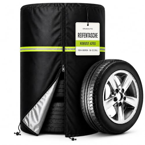 Reifenabdeckung für 4 Reifen – 420D Oxford, Ø84 x H120 cm, für Felgenbaum | Reifentasche mit Reißverschluss, Kordelzug & Reflexstreifen – wetterfeste Reifenschutzhülle für Sommer- und Winterreifen