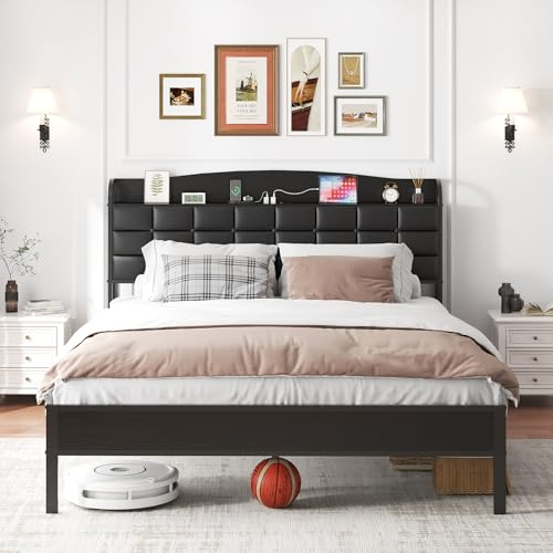 WOWTRELAX Double Bed Frame with Charging Headboard Storage Shelf 135x190cm | 28cm Under Bed Clearance, AC/USB/Type-C Ports, 400kg Heavy-duty Support, Silent EVA Strips, Easy Assembly
