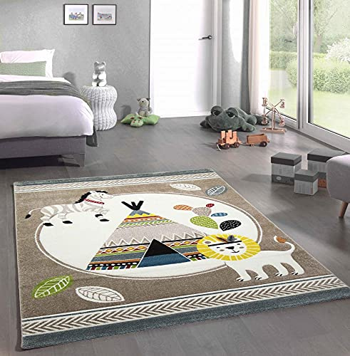 CARPETIA Teppich Kinderzimmerteppich Kinderzimmer Löwe Indianer Zelt Kaktus Zebra Creme beige blau braun Größe 120x170 cm