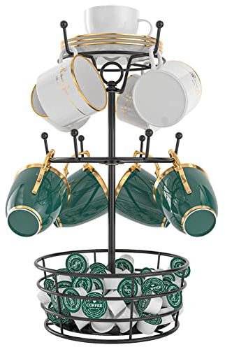 Visentor Kaffeebecherhalter Baumständer – Drehbarer MetallKaffeebecherHalter, 3 Etagen Griff Kaffeebecherhalter für 10 Tassenhaken mit Tassenkapseln & UntertassenKorb Aufbewahrung für Bar Küche