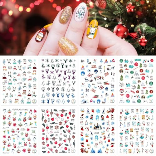 Kalolary 8 Blatt Weihnachten 3D Nail Art Sticker, Nagelsticker Selbstklebend Weihnachtsmann Rentier Schneeflocke Nagelaufkleber Nagel Abziehbilder für Weihnachten Neujahr DIY Nagel Dekorationen