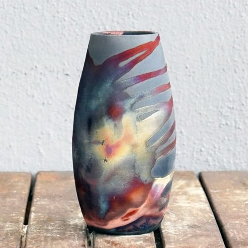 Tsuri - Vaso in ceramica Raku RAAQUU Basics fatto a mano, decorazione per la casa, in carbonio, metà rame opaco