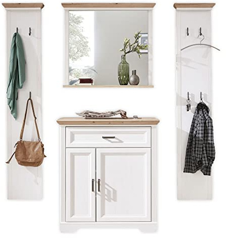 Stella Trading JASMIN Flurgarderoben Set in Pinie hell, Artisan Eiche Optik - Landhausstil Garderobenset 4-teilig für Ihren Eingangsbereich - 223 x 204 x 41 cm (B/H/T)