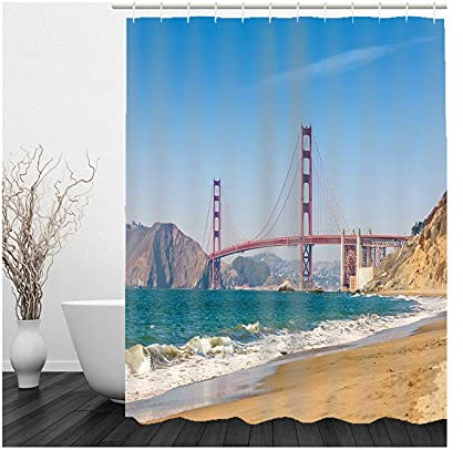 Banemi Duschvorhang Antischimmel, Shower Curtain Anti Mould Blau Braun Meerwasserbrücke 150X200cm für Eck Dusche mit 12 Duschvorhangringen