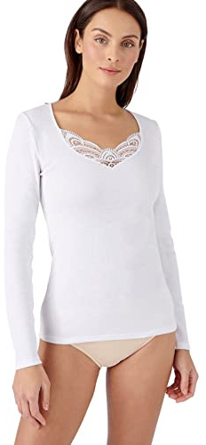 Damart - T-Shirt Fine Côte Guipure Thermolactyl, Femme, Blanc, Taille M, Manches Longues