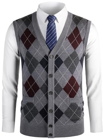 Herothorn Pulls et Gilet Tricot pour Homme Classique Cardigan sans Manches Argyle Maille Épais Pull-Over Chemise Tricoté Débardeurs avec Bouton d'automne Hiver