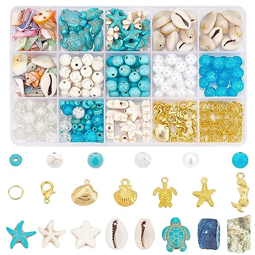 PH PandaHall 357 Stück Seestern Muschelperlen Ozean Schmuckherstellung 20 g Muscheln Synthetische Türkisfarbene Perlen Schildkröten Meerjungfrau Charms Kauri Muschel Perlen Für Sommer Strand