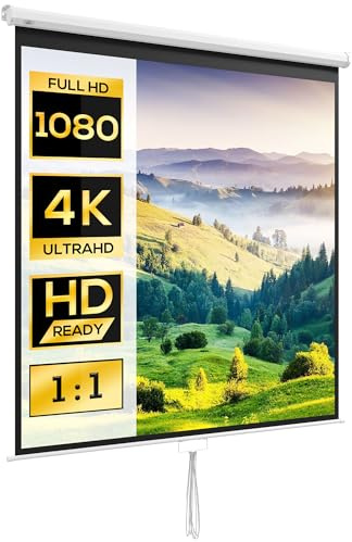 HOMCOM Écran de Projection 99 1:1 HD 4K, Écran Videoprojecteur avec Boîtier en Métal, Hauteur Réglable Manuellement, pour Cinéma Maison, Bureau, Voyage, 178 x 178 cm, Blanc