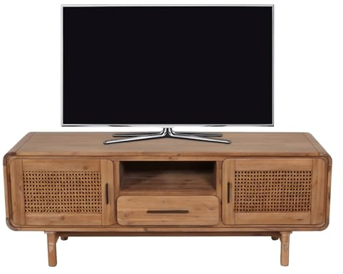 Mendler TV-Rack HWC-M47 Rattan Akazie Massiv-Holz gebeizt 160cm 32kg | Fernsehtisch, Lowboard, Kommode, Staufächer, Schublade