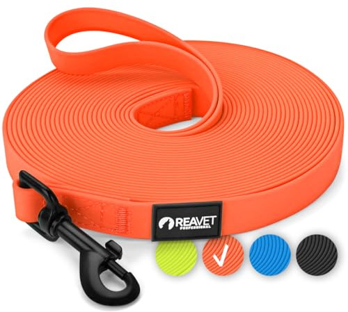 ReaVET Schleppleine für Hunde 5 Meter, Neon Orange I Robuste & wasserfeste Hundeleine lang I Übungsleine mit Griff, Trainingsleine Laufleine für große & kleine Hunde