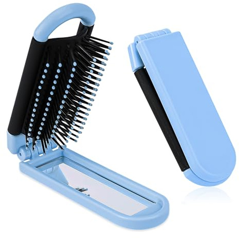 Folding Hair Brush with Mirror for Women, Foldable Travel Hairbrush with Soft Nylon Bristles Collapsable Pocket Size Brush Mini Scalp Compact Massage Comb Hair Styling Tools for Gym,Trip,Purse,Locker