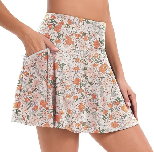 Timuspo badshorts för kvinnor badshorts badmode bikini kjol hög midja byxor sportkjol simshorts strandkjol med 4 fickor, Blommor apelsin, S