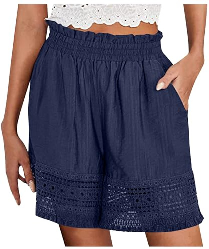 Shorts Deportivos Mujer 2 En 1 de Encaje elástico de Cintura Alta de Lino de algodón Informal de Color sólido para Mujer Yoga Leggings Y Top Azul