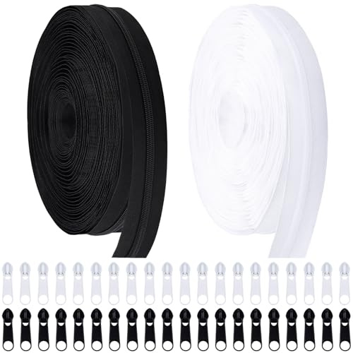DOITEM 5 mm Reißverschluss 10 Meter Nylon Endlosreißverschluss Set mit Schieber und Zipper - Schwarz Weiß