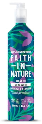 Faith In Nature 500ml Metal Bottle Natural Lavender and Geranium Body Wash, Relaxing Shower Gel, Vegan and Cruelty Free, No SLS or Parabens