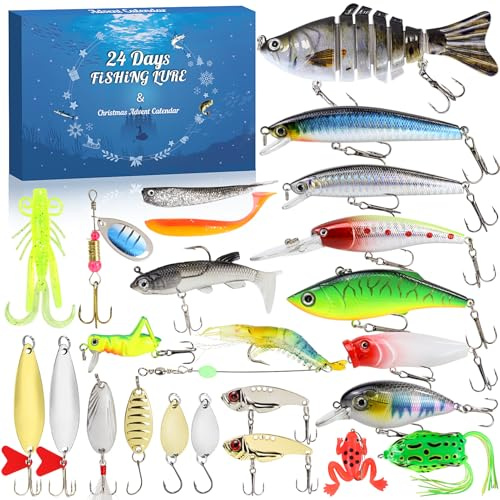 Adventskalender 2024 Angelköder für Männer, Teenager, Jungen, 24 Tage, Weihnachts-Countdown, Angelköder, Angelköder, Köder-Set, weiche Köder, Löffel, Elritze, Popper, Crankbait VIB,